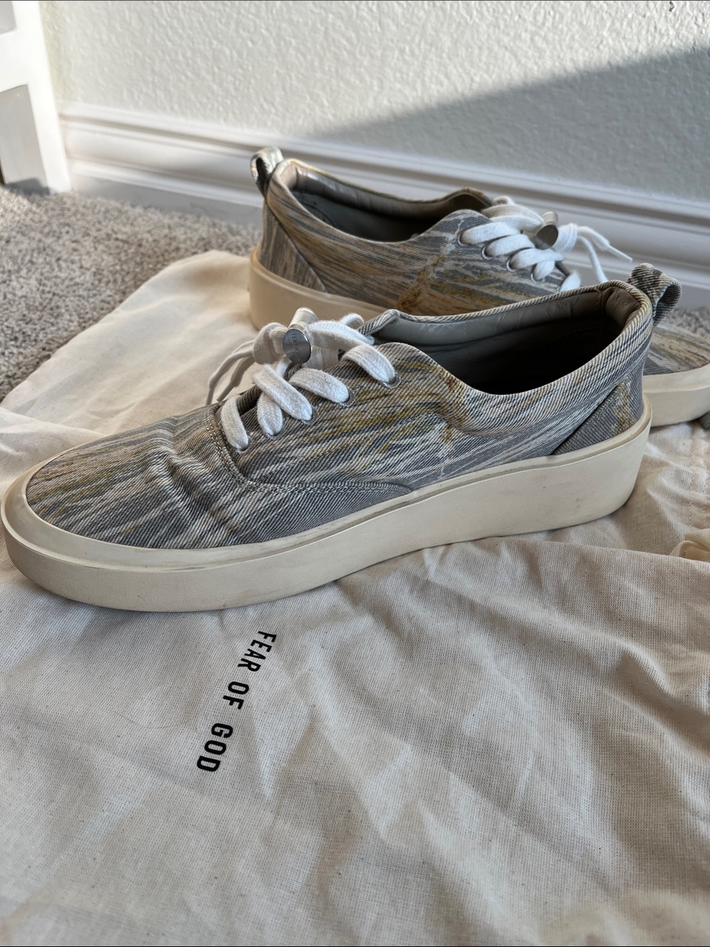 Fear of God Men’s Low-Top Canvas Sneakers in Camo Gray and Cream - Picture 5 of 10
